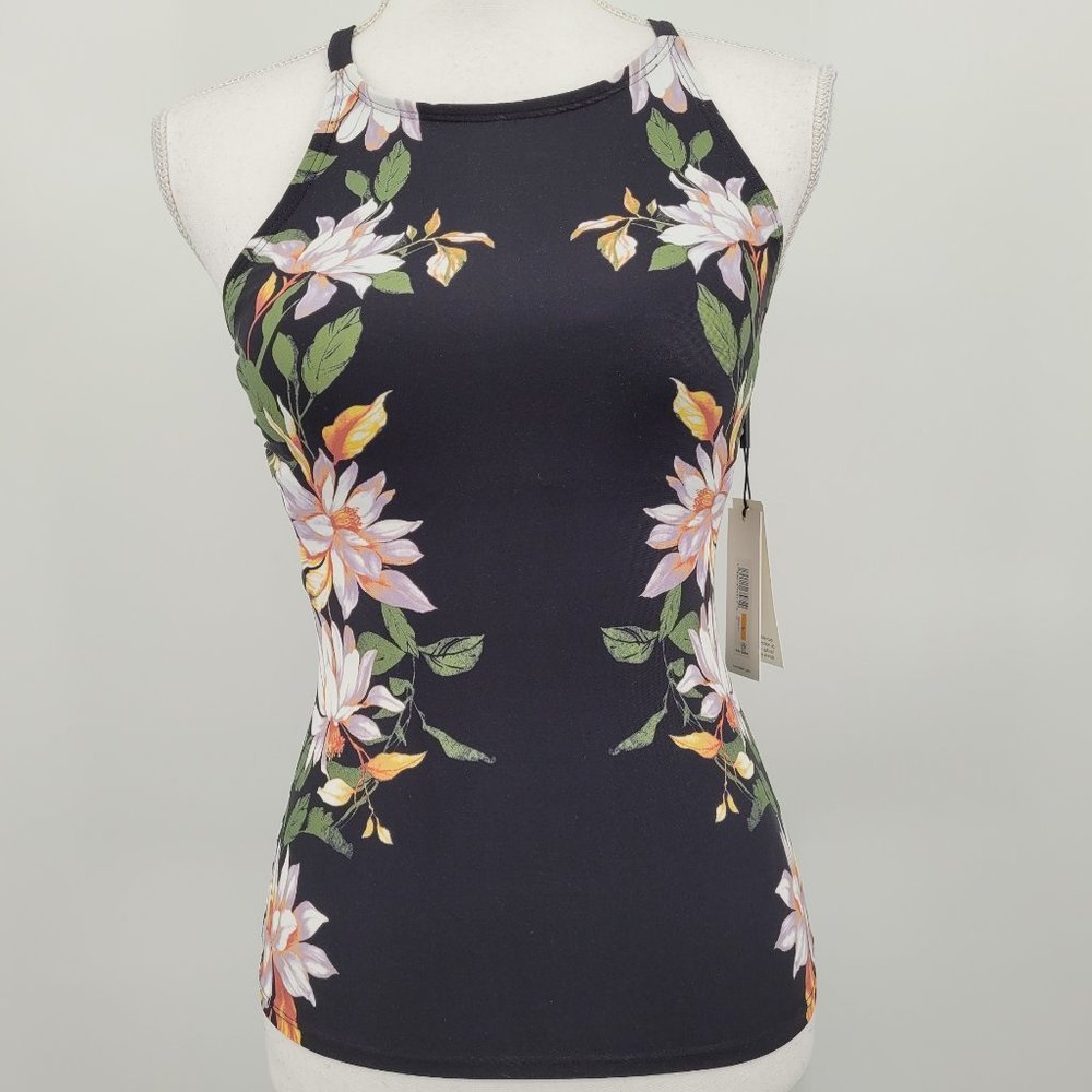 Calvin Klein Rosewood Black Printed High-Neck Crossback Tankini Top